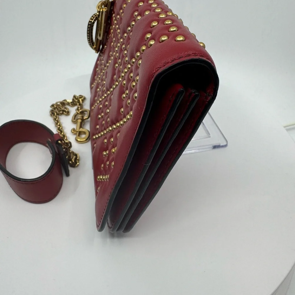 RARE Dior Lady Dior Red Calfskin Cannage Studded Biker Clutch EUC